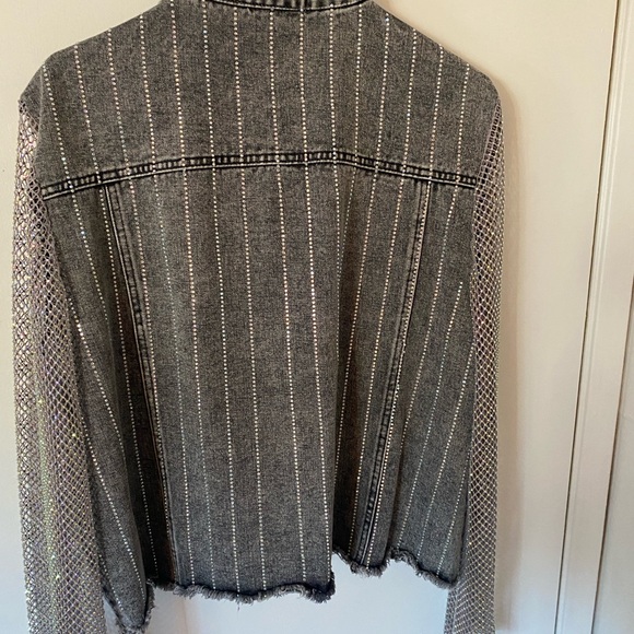 Origami Black Rhinestone Mesh Sleeve Denim Jacket - Picture 2 of 6